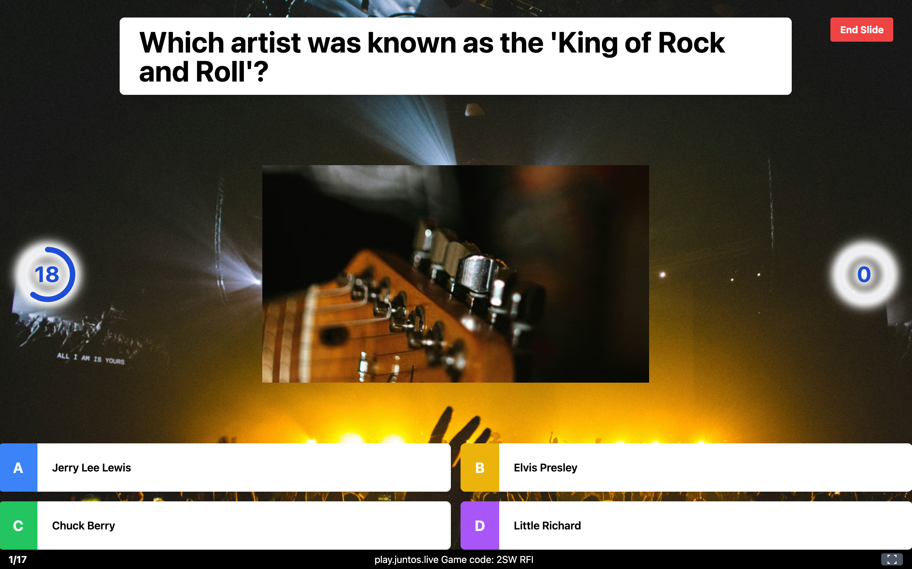 Juntos host screen showing a live quiz